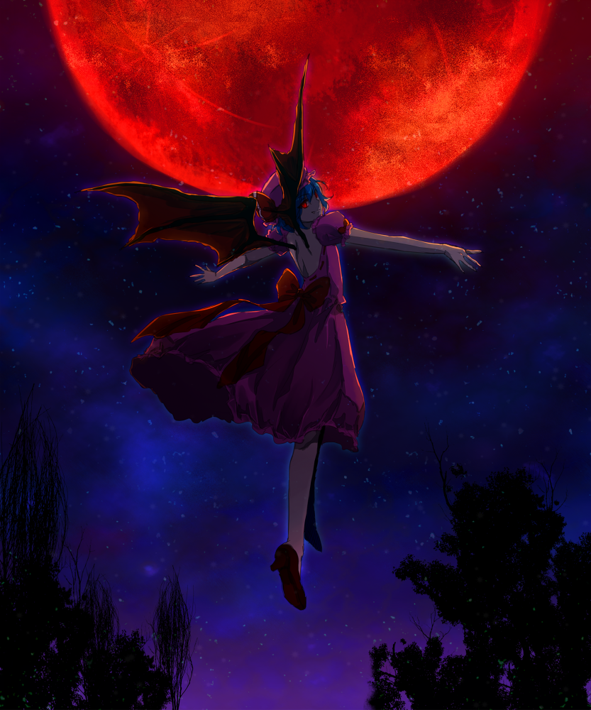 1girl backlighting bat_wings blue_hair bow dress floating from_behind full_body full_moon hat hat_ribbon looking_at_viewer looking_back mob_cap moon night night_sky open-back_dress outdoors outstretched_arms pink_dress puffy_short_sleeves puffy_sleeves red_eyes red_moon red_ribbon remilia_scarlet ribbon shoes short_hair short_sleeves silhouette skirt sky solo touhou tree wings wrist_cuffs yuina_(artist)