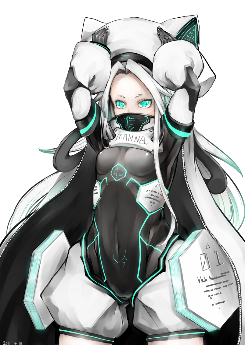 1girl animal_hat aqua_eyes arms_up bodysuit cape cat_hat covered_mouth covered_navel face_mask glowing glowing_eyes hat long_hair mask neon_trim original rekise small_breasts solo very_long_hair white_hair