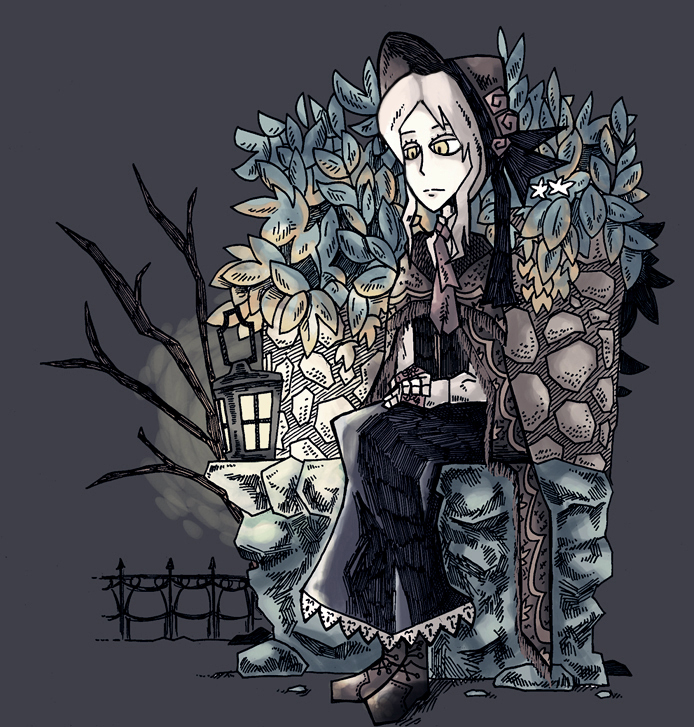 1girl architecture bloodborne bonnet boots cloak doll_joints fence flower gothic_architecture hands_together lantern leaf long_hair muted_color plain_doll rose setz silver_hair sitting solo
