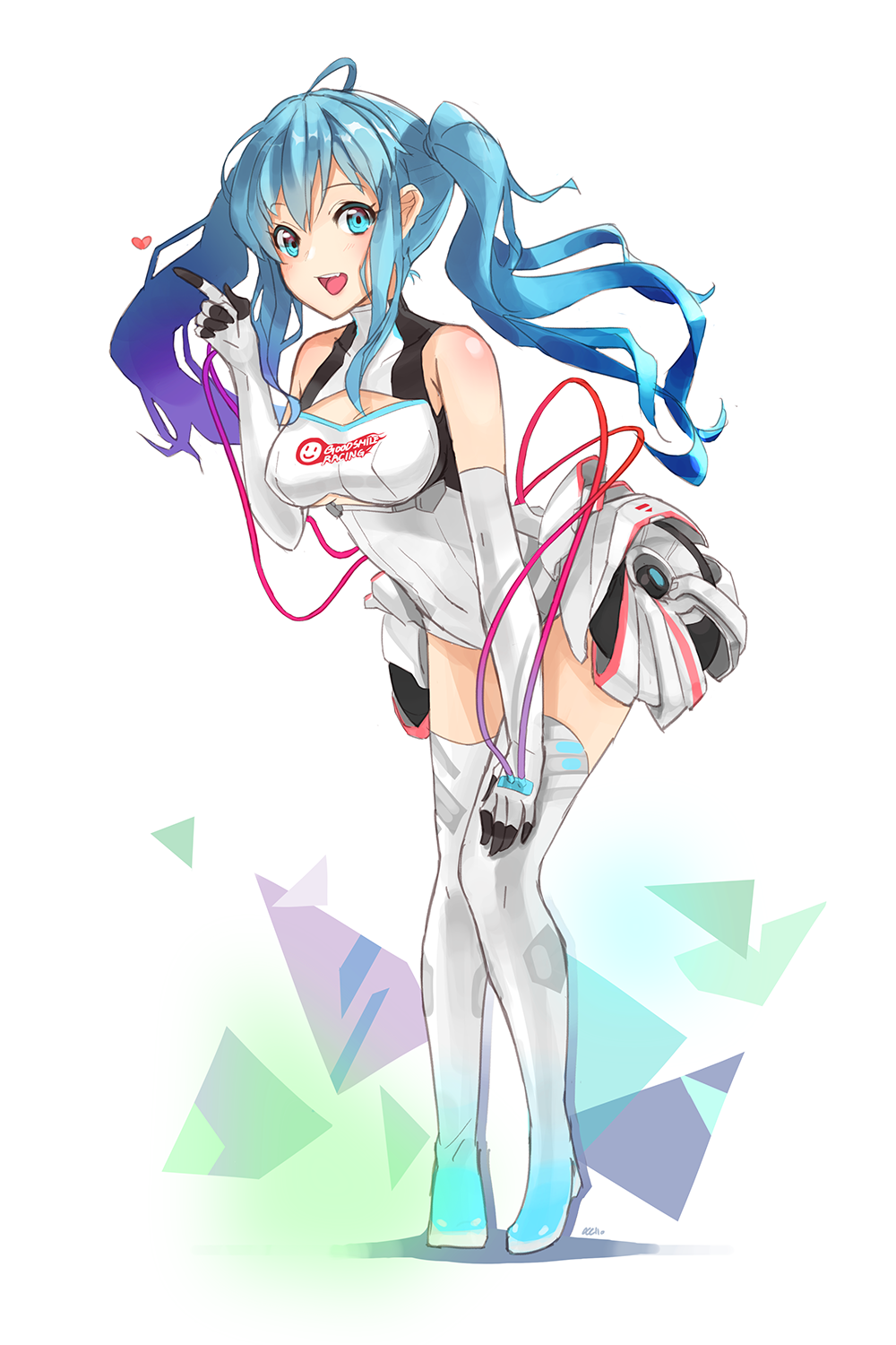 1girl boots elbow_gloves gloves goodsmile_company goodsmile_racing hatsune_miku highres leaning_forward long_hair looking_at_viewer nellen open_mouth racequeen solo thigh-highs thigh_boots twintails vocaloid white_boots white_legwear
