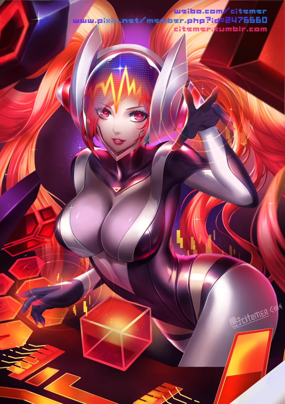 1girl alternate_costume breasts cleavage dj gloves headphones highres large_breasts latex_dress league_of_legends liuruoyu8888 long_hair looking_at_viewer orange_hair pink_eyes smile solo sona_buvelle twintails