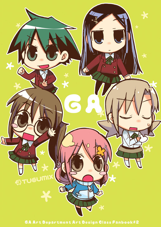 5girls black_eyes black_hair blush_stickers brown_eyes brown_hair chibi clenched_hand closed_eyes copyright_name cover cover_page crossed_arms double_bun doujin_cover flower ga_geijutsuka_art_design_class green_eyes green_hair green_skirt hair_flower hair_ornament hairpin hayashi_tsugumi jitome light_brown_hair long_hair looking_at_viewer multiple_girls noda_miki nozaki_namiko oomichi_miyabi pink_hair pleated_skirt school_uniform short_hair side_ponytail sigh skirt tomokane waving yamaguchi_kisaragi