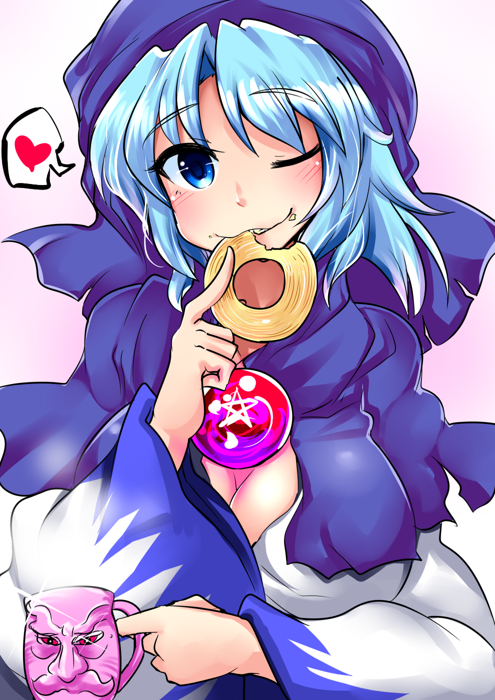 1boy 1girl :3 baumkuchen blue_eyes blue_hair blush breasts cleavage cleavage_cutout cloak coffee_mug eating facial_hair food food_on_face heart highres hitotsuki_nebura hood hooded_cloak kumoi_ichirin large_breasts long_hair long_sleeves looking_at_viewer mustache one_eye_closed pentacle red_eyes solo_focus sparkle spoken_heart touhou tsurime unzan upper_body