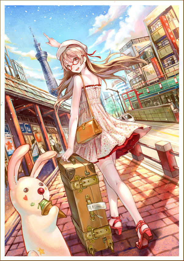 1girl bag beret brown_eyes brown_hair dress dutch_angle eating food food_on_face glasses gloves green_ice_cream hat heart high_heels holding ice_cream ice_cream_cone kooribata long_hair looking_at_viewer looking_back moemi_tobi open_mouth original outdoors pavement pointing rabbit red-framed_glasses sky solo star suitcase thigh-highs walking white_legwear