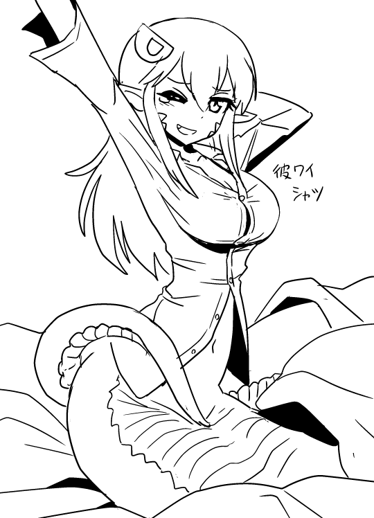 1girl breasts covering covering_crotch cowboy_shot fang hair_ornament hairclip lamia large_breasts long_hair miia_(monster_musume) monochrome monster_girl monster_musume_no_iru_nichijou navel one_eye_closed pointy_ears scales shake-o sketch solo tail_censor waking_up