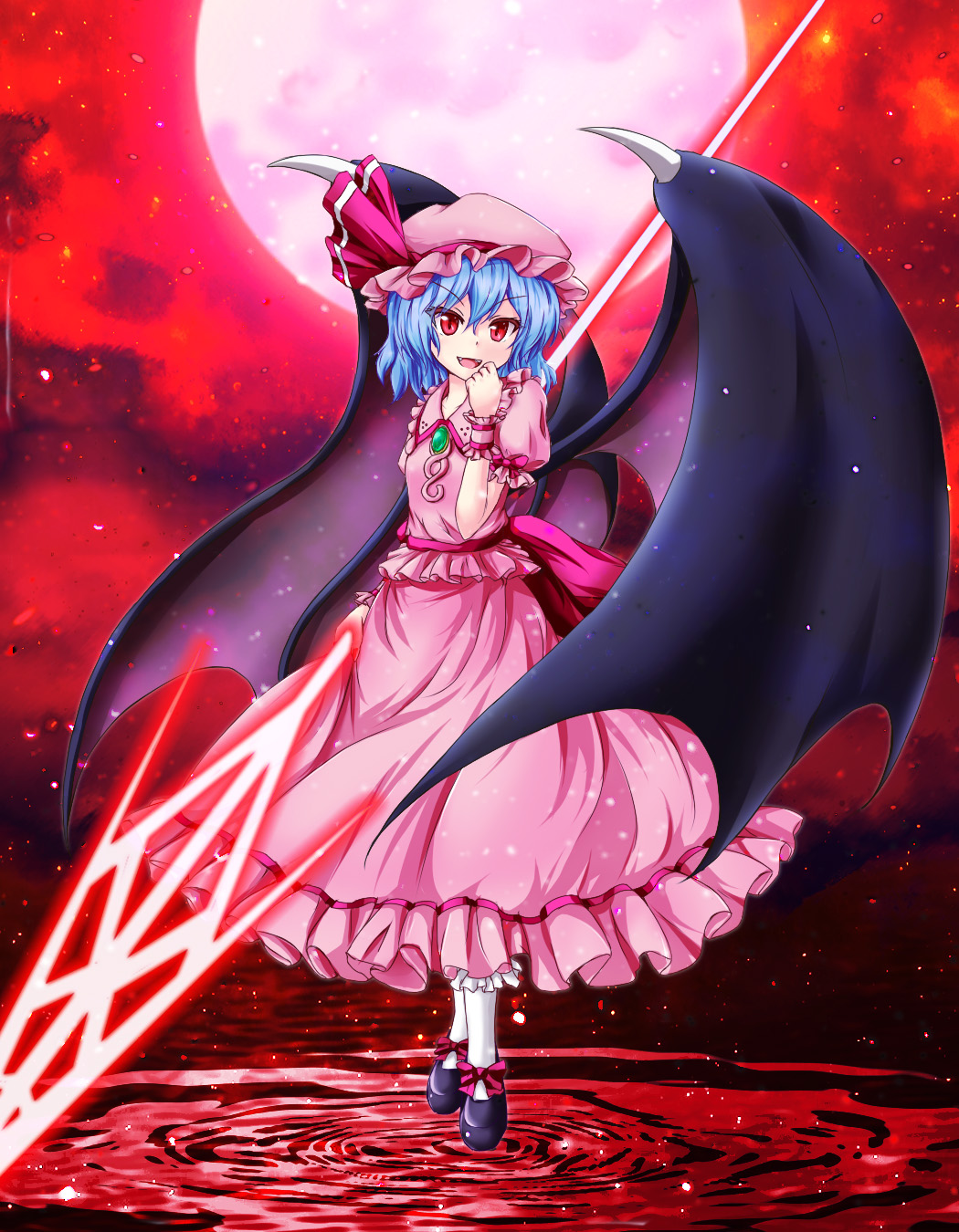 1girl :d bat_wings blue_hair dress full_moon hat hat_ribbon highres hyoumon_(saihokutan) looking_at_viewer moon open_mouth pink_dress red_eyes red_moon remilia_scarlet ribbon ripples short_hair smile solo spear_the_gungnir standing standing_on_water touhou wings