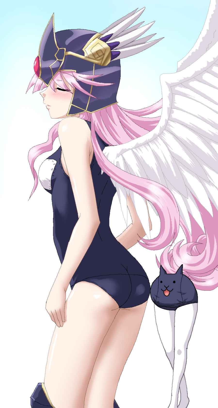 1girl :3 angel_wings ass blush closed_eyes from_behind hayashiya_zankurou helmet highres long_hair nyanko_daisensou parted_lips pink_hair sexy_legs_cat swimsuit swimsuit_on_head valkyrie_cat what wings