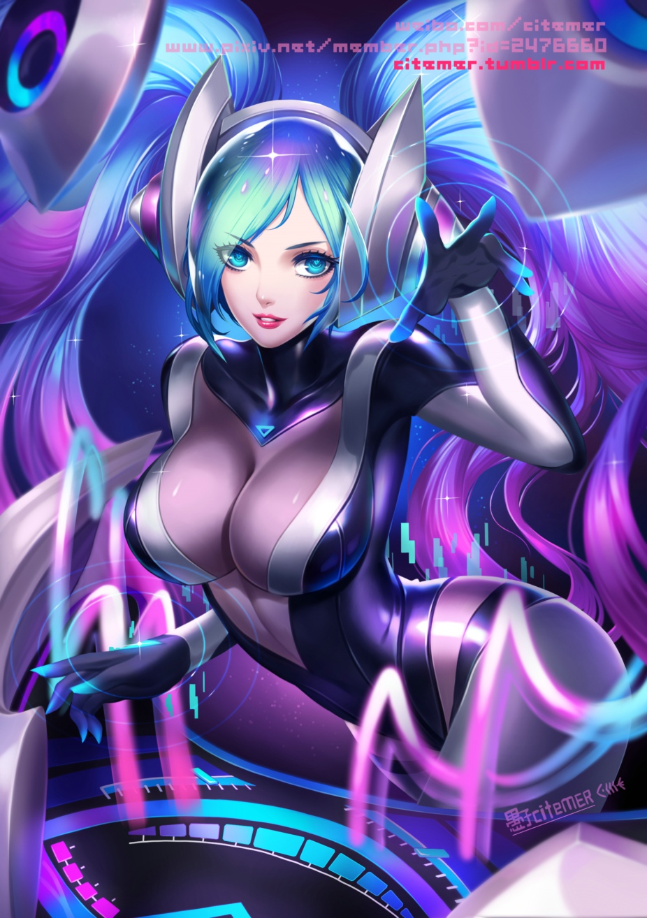 1girl alternate_costume blue_eyes blue_hair breasts cleavage dj gloves headphones highres large_breasts latex_dress league_of_legends liuruoyu8888 long_hair looking_at_viewer smile solo sona_buvelle twintails