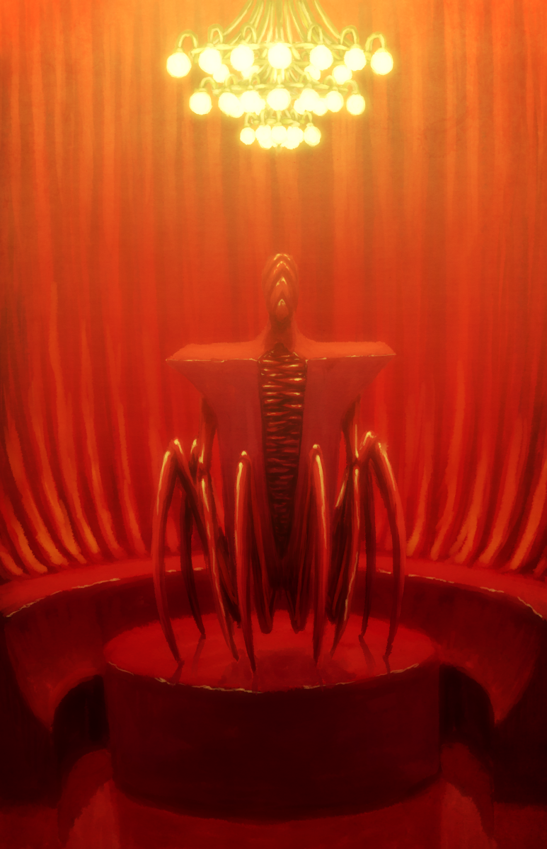 chandelier guru highres legs light long_legs original podium red surreal teeth
