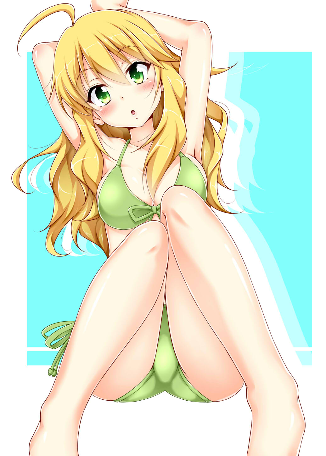 1girl afterimage ahoge arms_behind_head bikini bikini_bottom bikini_top blonde_hair blue_background blush breasts cleavage green_bikini green_bikini_bottom green_bikini_top green_eyes highres hoshii_miki idolmaster long_hair looking_at_viewer open_mouth sitting solo swimsuit yopparai_oni