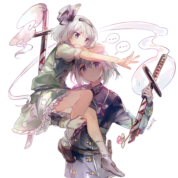 ... 1boy 1girl artist_name belt blue_eyes bow crossover expressionless flower frills gloves hairband hitodama honebami_toushirou katana konpaku_youmu konpaku_youmu_(ghost) long_sleeves military military_uniform namie-kun outstretched_arm puffy_sleeves shirt shoes short_hair short_sleeves silver_hair simple_background skirt skirt_set socks speech_bubble sword touhou touken_ranbu uniform vest violet_eyes weapon white_background white_gloves white_legwear