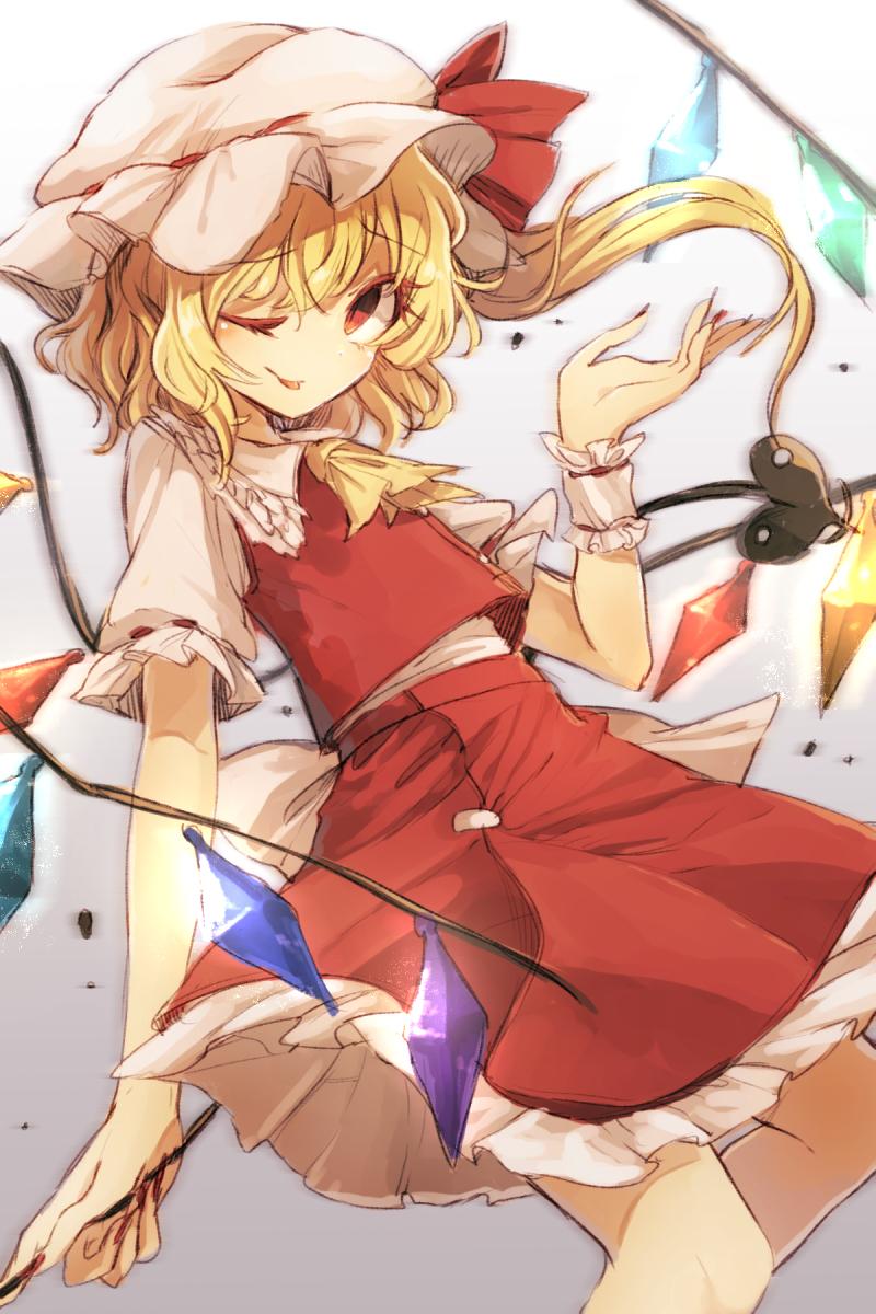 1girl ;p ascot blonde_hair flandre_scarlet hat hat_ribbon highres hisona_(suaritesumi) holding laevatein looking_at_viewer one_eye_closed red_eyes ribbon short_hair short_sleeves side_ponytail skirt skirt_set smile solo tongue tongue_out touhou wings wrist_cuffs