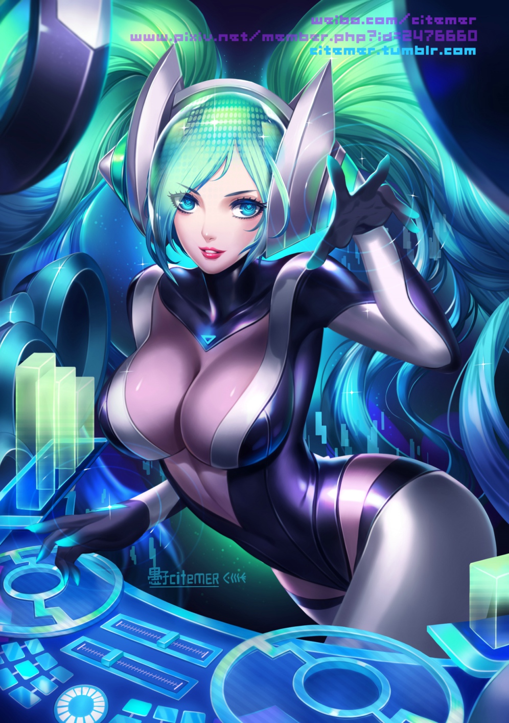 1girl alternate_costume blue_eyes breasts cleavage dj gloves green_hair headphones highres large_breasts latex_dress league_of_legends liuruoyu8888 long_hair looking_at_viewer smile solo sona_buvelle twintails
