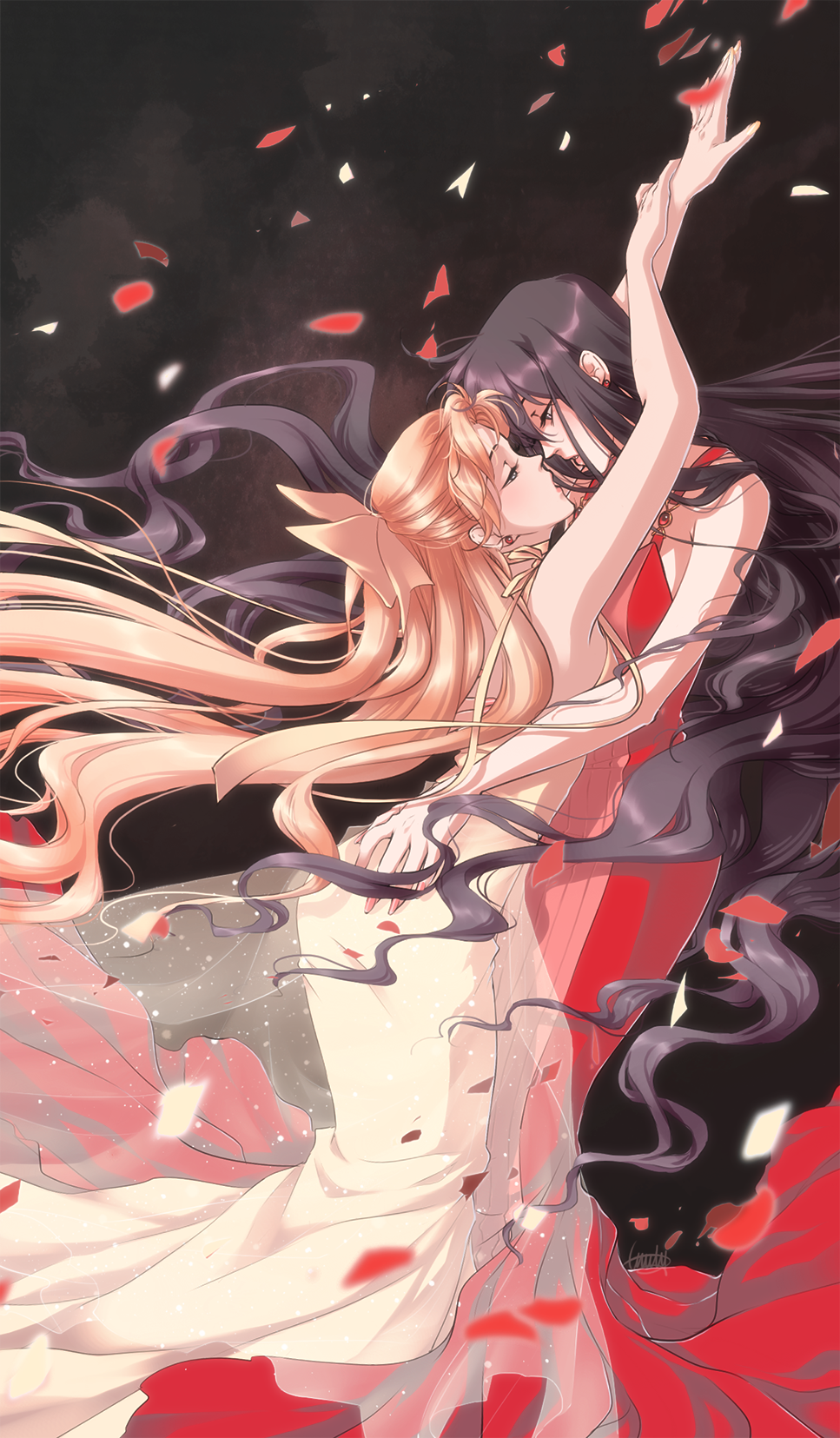 2girls aino_minako bishoujo_senshi_sailor_moon black_background black_hair blonde_hair blurry bow couple depth_of_field dress ear_studs earrings eflunn_(emilylunn) floating_hair hair_bow half-closed_eyes half_updo highres hino_rei jewelry long_hair looking_at_another multiple_girls open_mouth outstretched_arms petals princess_mars princess_venus red_dress rose_petals see-through signature sleeveless touching very_long_hair yellow_dress yuri