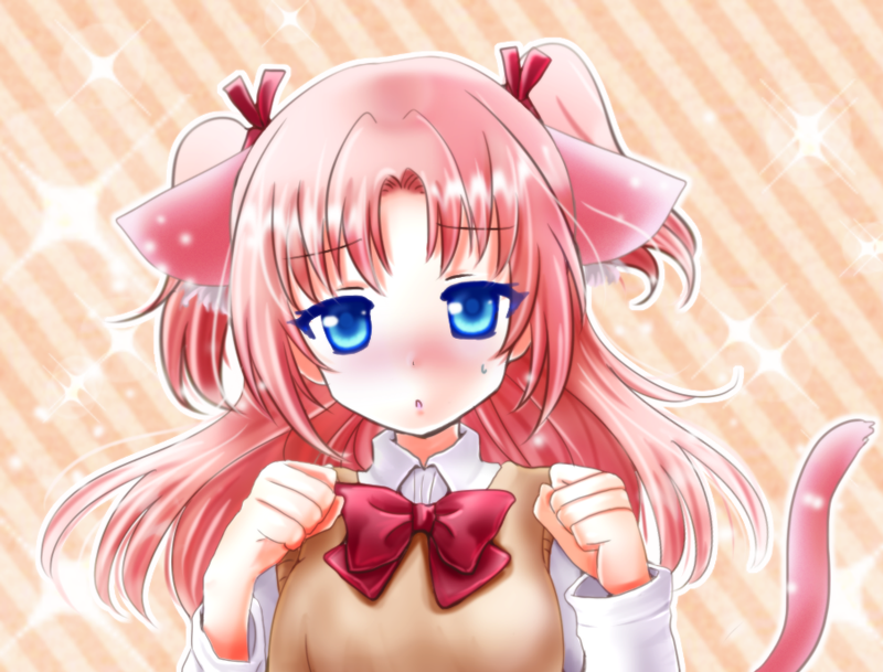 1boy animal_ears arikawa_hime blue_eyes blush cat_ears cat_tail clenched_hands himegoto kemonomimi_mode long_sleeves looking_at_viewer otoko_no_ko pink_hair ribbon short_hair sparkle striped striped_background sweatdrop sweater_vest tail tsukiori_sasa twintails upper_body