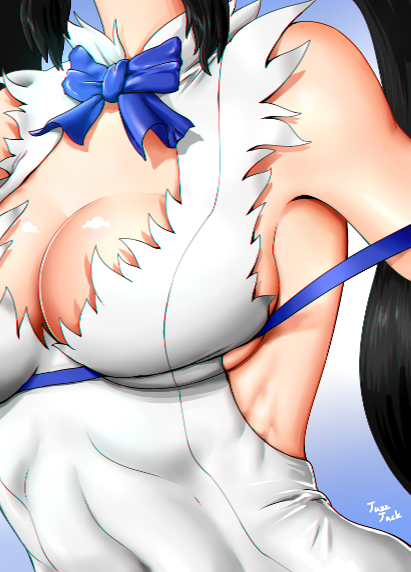 1girl artist_name black_hair bow breasts cleavage close-up dungeon_ni_deai_wo_motomeru_no_wa_machigatteiru_darou_ka head_out_of_frame hestia_(danmachi) jazzjack long_hair rei_no_himo solo