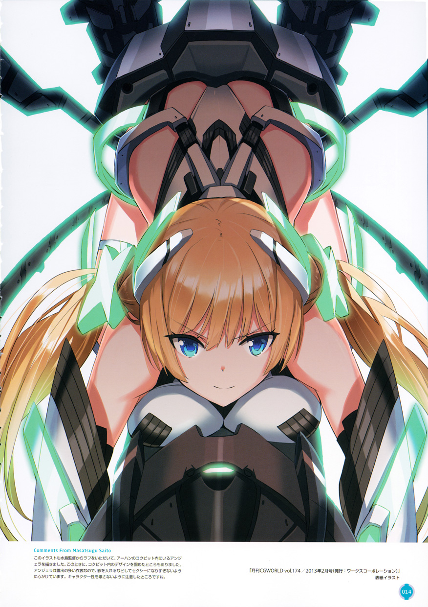 1girl all_fours angela_balzac ass backlighting bangs bare_shoulders blonde_hair blue_eyes breast_press breasts cockpit company_name elbow_gloves from_above gloves halterneck headgear highleg highleg_leotard highres large_breasts leotard light_smile long_hair looking_at_viewer low_twintails official_art rakuen_tsuihou saitou_masatsugu smile solo thong thong_leotard twintails very_long_hair