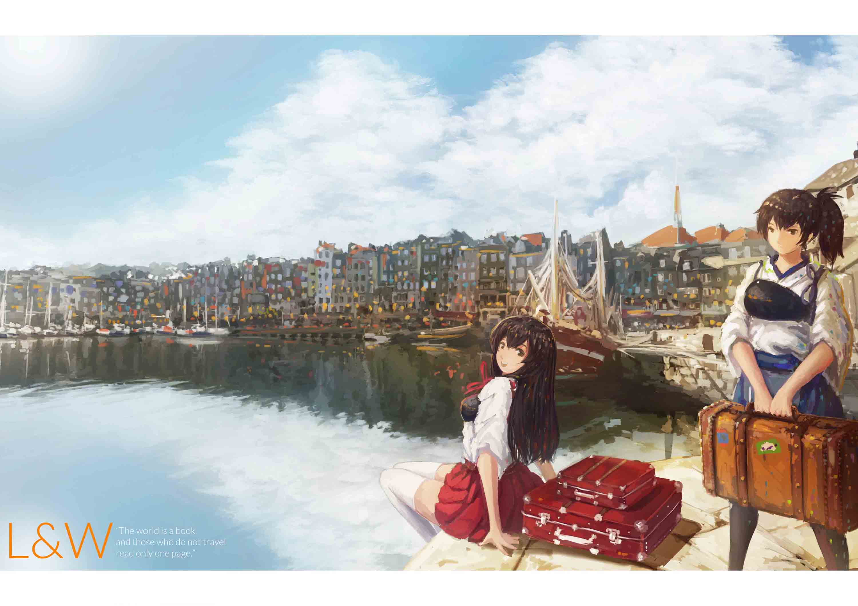 2girls akagi_(kantai_collection) arm_support black_hair black_legwear blue_sky boat breasts brown_eyes brown_hair building clouds english hakama_skirt highres holding japanese_clothes kaga_(kantai_collection) kantai_collection knees_touching kuon_(kwonchanji) long_hair looking_at_viewer looking_back looking_to_the_side luggage multiple_girls muneate open_mouth outdoors sailboat scenery side_ponytail sitting skirt sky standing tasuki thigh-highs water white_legwear