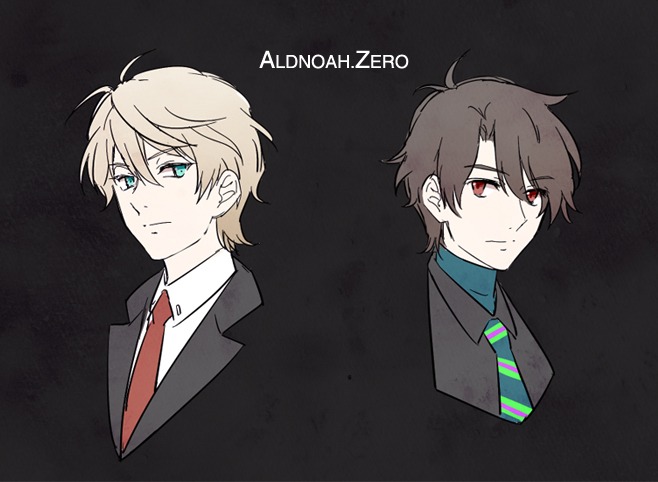 2boys aldnoah.zero blonde_hair brown_eyes brown_hair formal green_eyes kaizuka_inaho multiple_boys naguy_(nagui) necktie red_eyes silver_hair slaine_troyard