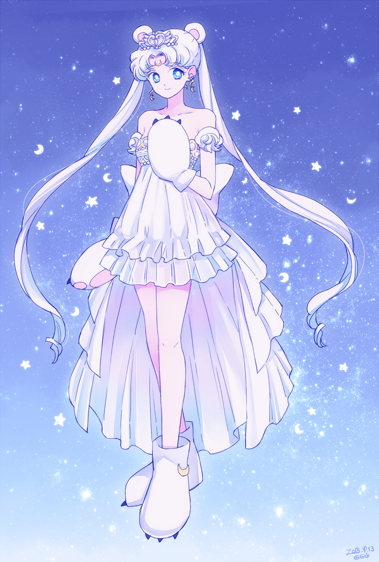 1girl 2015 adapted_costume animal_ears bare_shoulders bear_ears bishoujo_senshi_sailor_moon blue_background blue_eyes boots bow collarbone crescent crown dated dress earrings facial_mark forehead_mark gloves jewelry long_hair neo_queen_serenity paw_gloves paw_shoes saki_(hxaxcxk) signature smile solo standing strapless_dress tsukino_usagi twintails white_boots white_bow white_dress white_gloves white_hair