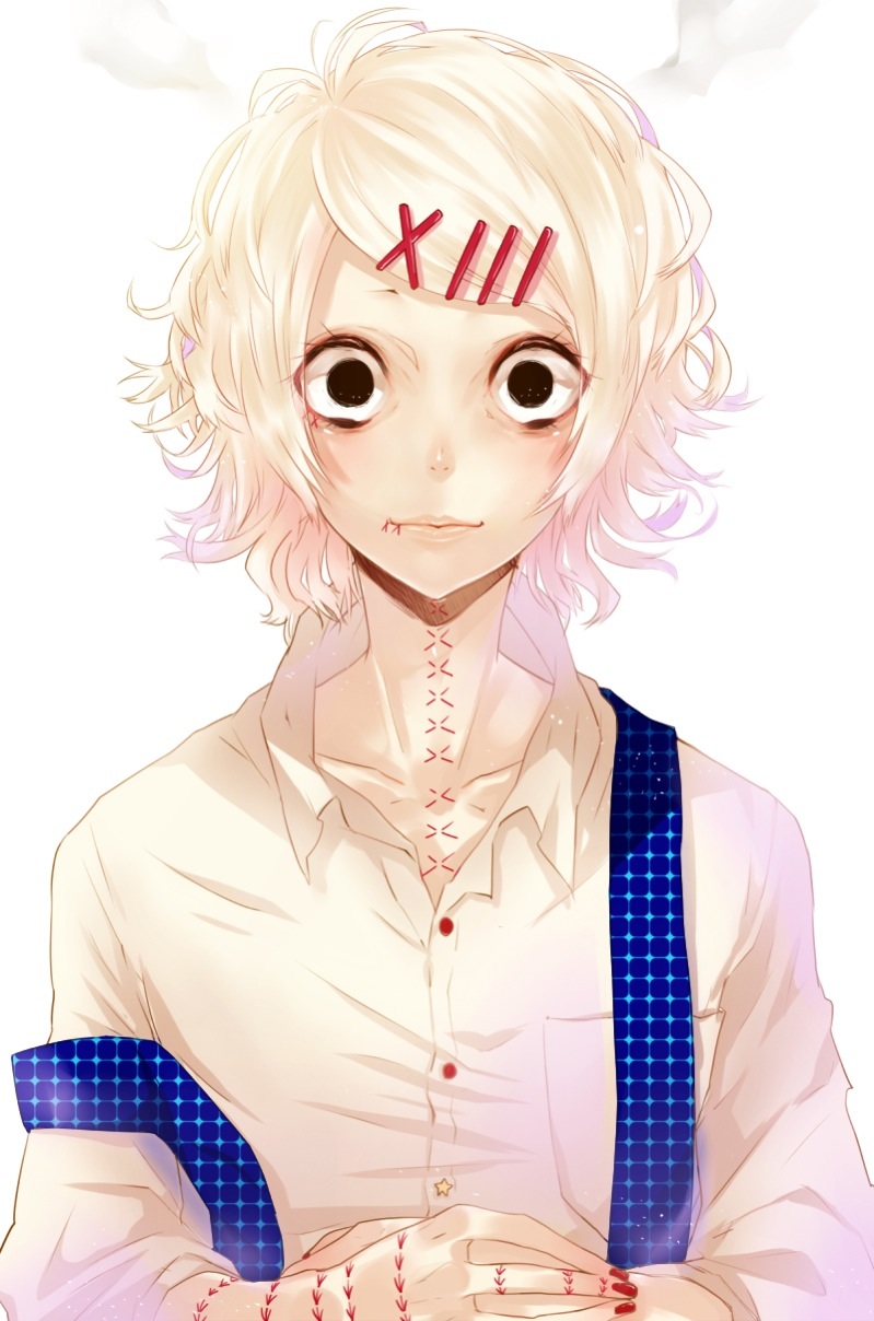 1boy androgynous black_eyes face hair_ornament hairclip highres looking_at_viewer male_focus nipponia_nippon short_hair solo stitches suzuya_juuzou tokyo_ghoul unmoving_pattern upper_body white_background white_hair