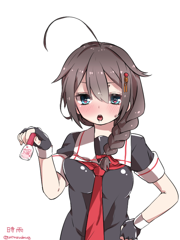 &gt;:o 1girl :o ahoge aphrodisiac blue_eyes blush character_name check_commentary commentary commentary_request fingerless_gloves gloves hair_flaps hair_ornament heart heart-shaped_pupils kantai_collection mitsudoue necktie school_uniform serafuku shigure_(kantai_collection) solo sweatdrop symbol-shaped_pupils translated twitter_username