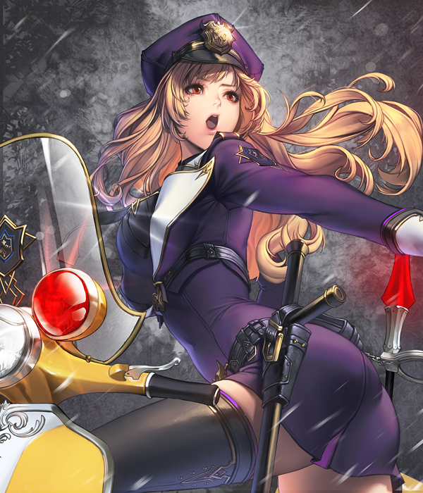 1girl baton belt black_legwear brown_hair card_(medium) chaos_online cuffs edelyn gloves handcuffs hat high_heels holding long_hair love_cacao moped necktie official_art open_mouth police police_hat police_uniform red_eyes solo stiletto_heels thigh-highs translated uniform white_gloves zettai_ryouiki