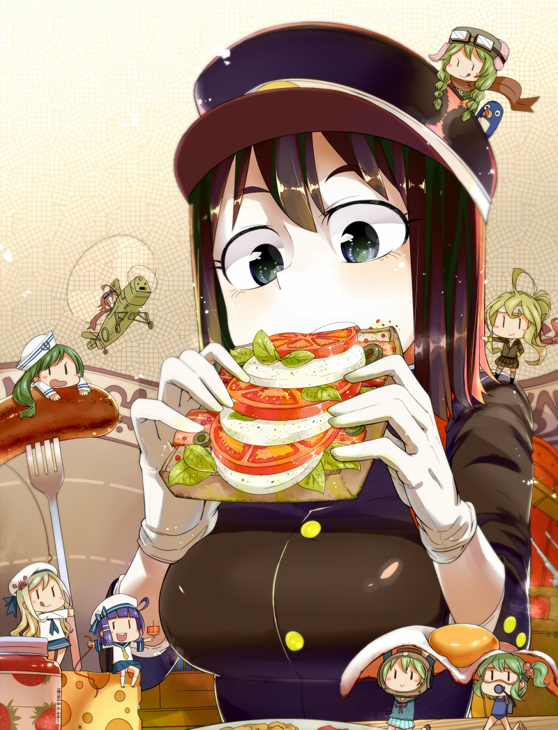 1girl :q ahoge akitsu_maru_(kantai_collection) autogyro bacon black_eyes black_hair blonde_hair blush_stickers braid brown_hair cheese diving_helmet eating failure_penguin fairy_(kantai_collection) food food_on_face fork fried_egg glasses gloves goggles goggles_on_head green_hair hat headband helmet jam kantai_collection koutamii olive open_mouth ponytail purple_hair sausage scarf scuba_gear short_hair spinning_top swimsuit toast tomato tongue tongue_out