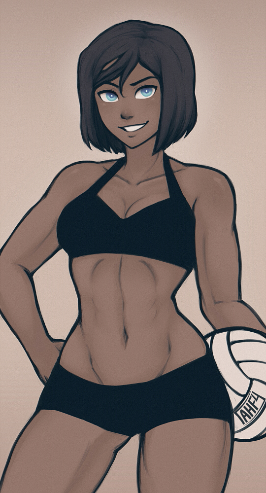 1girl alternate_hair_length alternate_hairstyle avatar:_the_last_airbender black_hair blue_eyes bob_cut breasts cleavage contrapposto cowboy_shot dark_skin grin iahfy korra legend_of_korra muscle short_hair short_shorts shorts smile solo standing swimsuit tankini toned volleyball