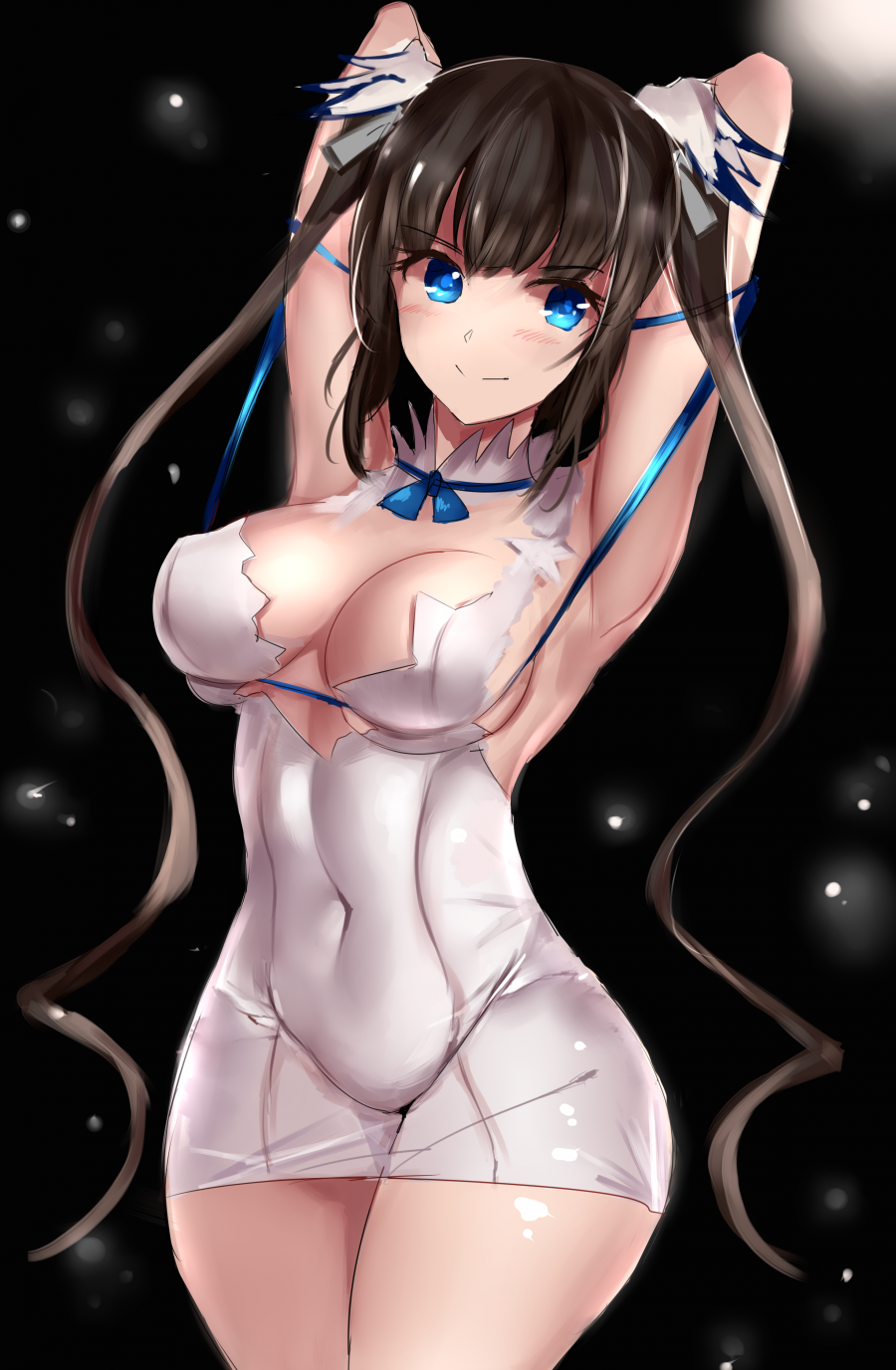 1girl armpits arms_behind_head arms_up black_hair blue_eyes bow breast_lift breasts cleavage cleavage_cutout covered_navel dress dungeon_ni_deai_wo_motomeru_no_wa_machigatteiru_darou_ka hestia_(danmachi) highres large_breasts long_hair looking_at_viewer no_bra rei_no_himo short_dress sleeveless sleeveless_dress smile solo takane_soprano twintails very_long_hair white_dress