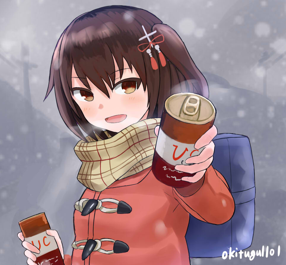 1girl artist_name bag blush breath brown_eyes brown_hair canned_coffee casual giving hair_ornament kantai_collection okitsugu open_mouth plaid plaid_scarf pov scarf sendai_(kantai_collection) snowing two_side_up winter_clothes