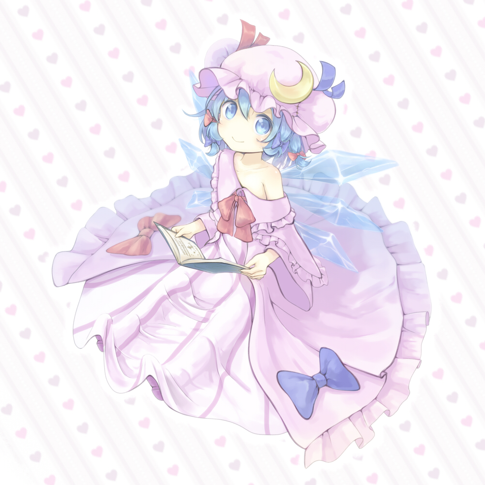 1girl blue_eyes blue_hair book cirno cosplay crescent_hair_ornament double_bun dress hair_ornament hair_ribbon hat hat_ribbon heart heart_background long_sleeves looking_at_viewer mob_cap nakahara_masahiko off_shoulder open_book patchouli_knowledge patchouli_knowledge_(cosplay) ribbon robe short_hair sitting smile solo striped striped_background striped_dress touhou tress_ribbon wings