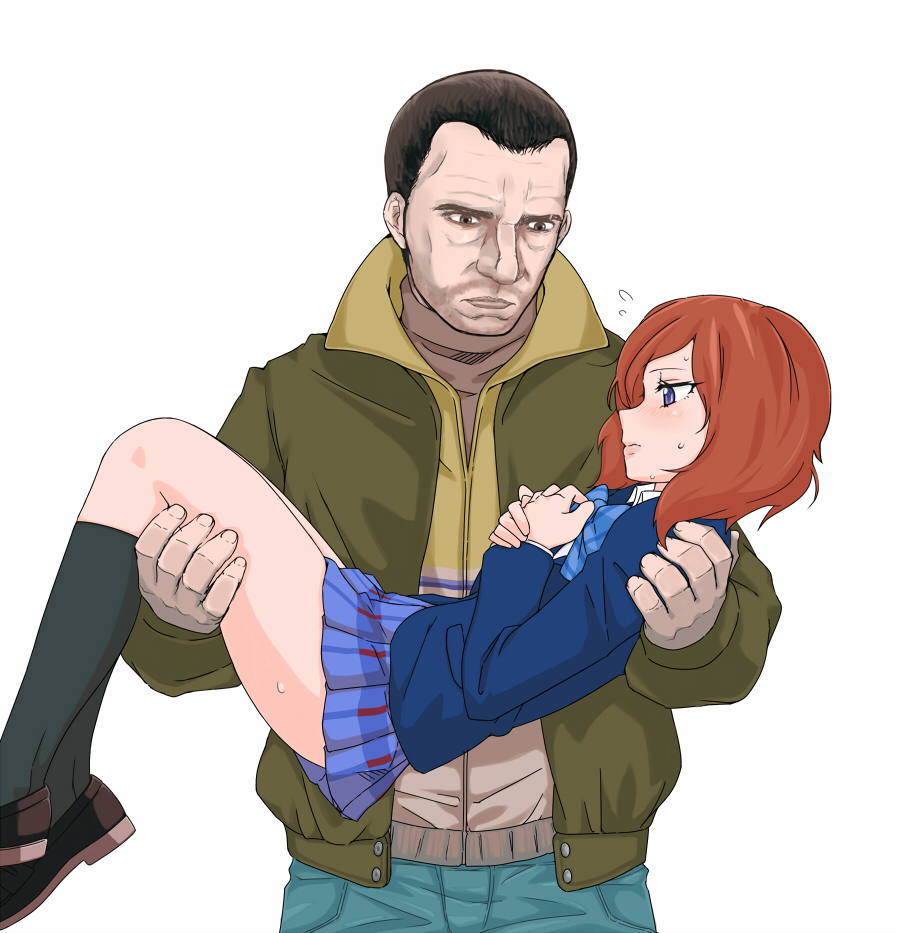1boy 1girl ahoge black_legwear brown_eyes brown_hair carrying crossover facial_hair flying_sweatdrops grand_theft_auto_4 hands_on_own_chest kaiyuna lipstick looking_at_another love_live!_school_idol_project makeup niko_bellic nishikino_maki pleated_skirt princess_carry redhead school_uniform shoes short_hair simple_background skirt socks stubble sweatdrop violet_eyes white_background