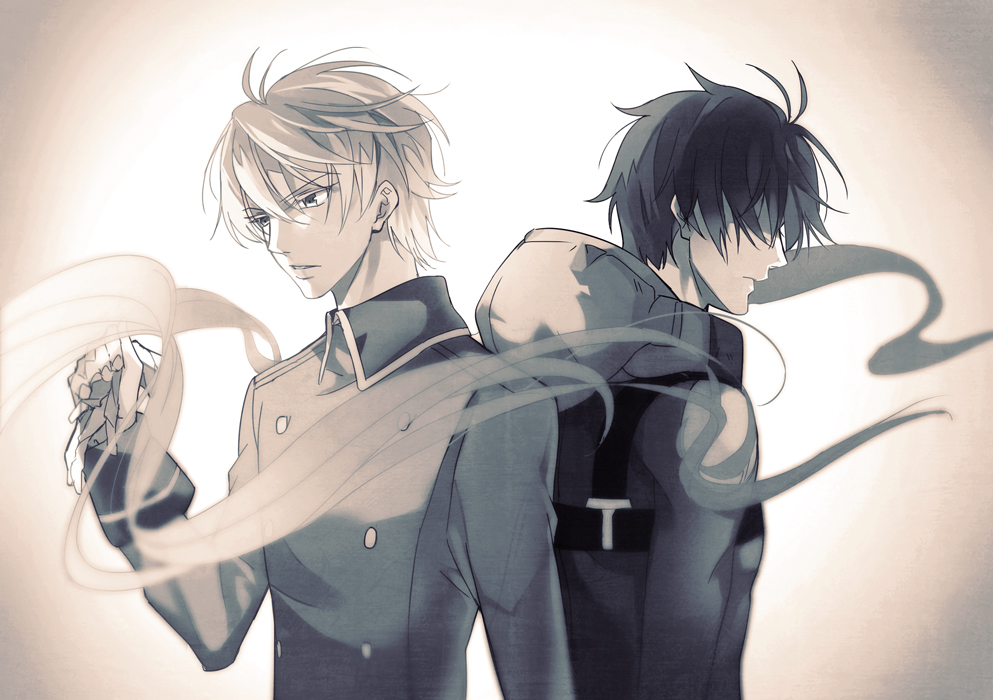 2boys aldnoah.zero kaizuka_inaho long_hair monochrome multiple_boys pilot_suit slaine_troyard xhouz