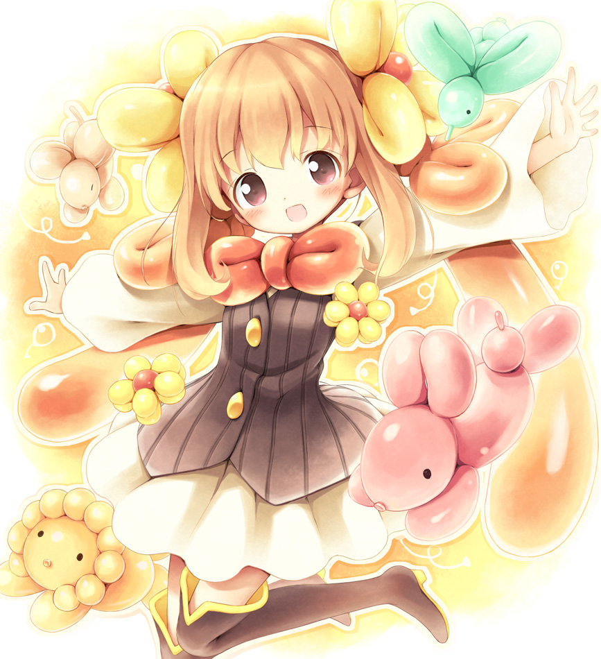 1girl :d aikei_ake balloon balloon_animal blonde_hair blush boots bowtie brown_eyes open_mouth original outstretched_arms skirt smile solo spread_arms thigh-highs thigh_boots