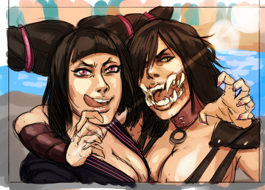 2girls arms_around_neck black_hair breasts cleavage collar crossover diepod han_juri large_breasts licking_lips lips long_hair mileena mortal_kombat multiple_girls nail_polish nose open_mouth sharp_teeth street_fighter tongue violet_eyes yellow_eyes