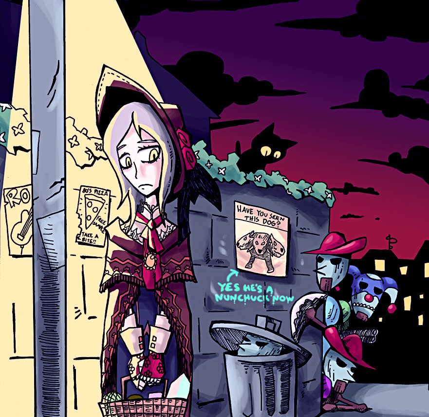 1girl animal basket black_cat bloodborne bonnet cat cerberus cloak clouds crossover devil_may_cry dusk english flower food frown graffiti holding light long_hair pizza plain_doll poster_(object) rose setz silver_hair trash_can yellow_eyes
