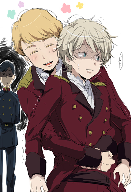 ... 3boys aldnoah.zero blonde_hair flower harklight hug hug_from_behind kl klancain military military_uniform multiple_boys shaded_face slaine_troyard uniform