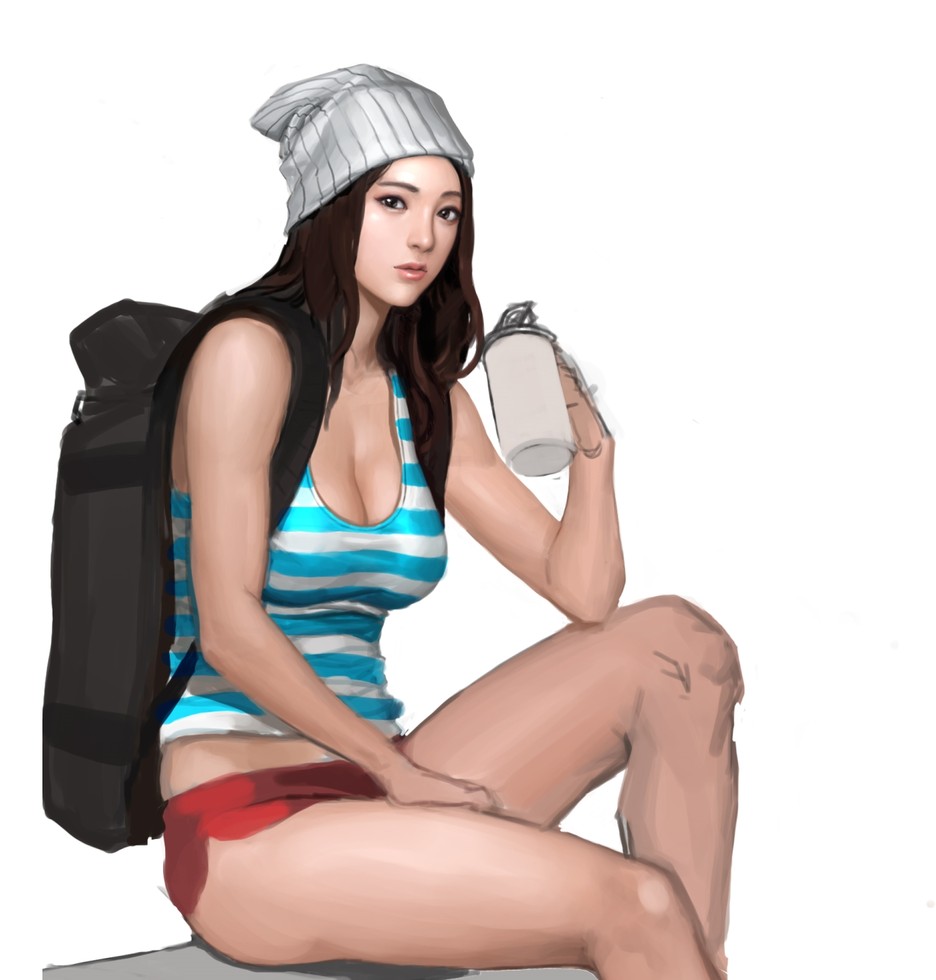 1girl beanie breasts brown_eyes brown_hair cherrylich cleavage cup hat large_breasts lips long_hair mug realistic short_shorts shorts sitting sketch solo tank_top