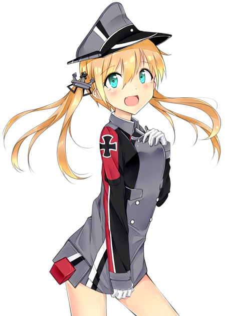 1girl ainvy_(envieout) anchor_hair_ornament blonde_hair cowboy_shot dress dress_tug embarrassed gloves green_eyes hair_ornament hand_on_own_chest hat kantai_collection looking_at_viewer low_twintails military military_hat military_uniform open_mouth peaked_cap prinz_eugen_(kantai_collection) solo transparent_background twintails uniform wavy_mouth white_gloves