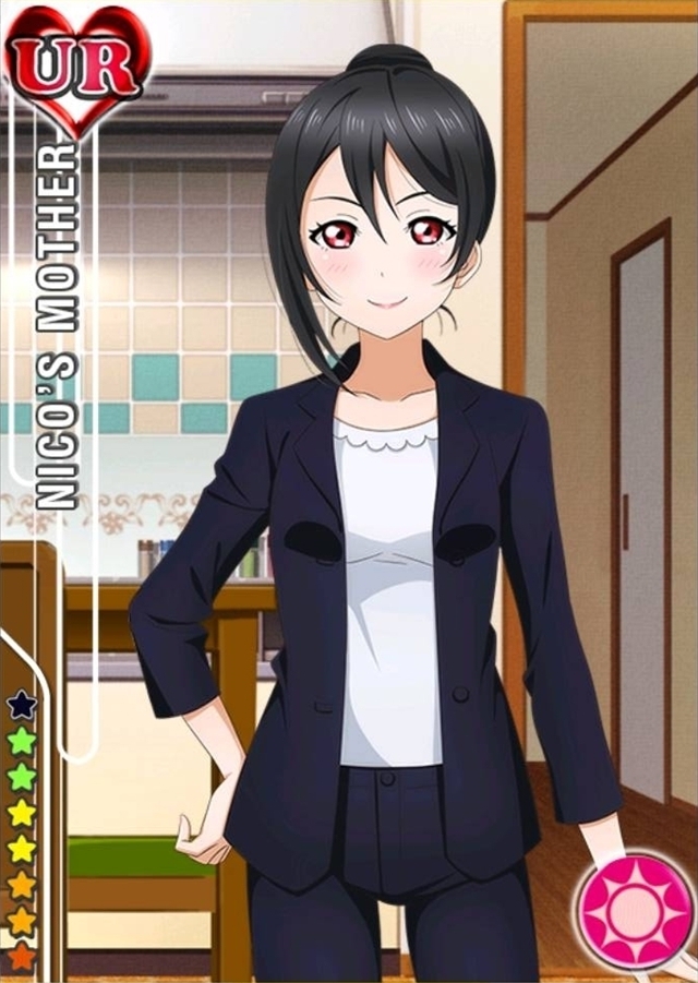 1girl arm_at_side asymmetrical_bangs bangs black_hair blazer blush card_(medium) chair character_name collarbone dining_room formal hair_between_breasts hair_bun hand_on_hip heart jacket long_sleeves looking_at_viewer love_live!_school_idol_festival love_live!_school_idol_project official_art open_clothes open_jacket open_shirt pants parted_bangs red_eyes shirt short_hair smile solo standing star suit sun_(symbol) table wooden_floor yazawa_nico's_mother