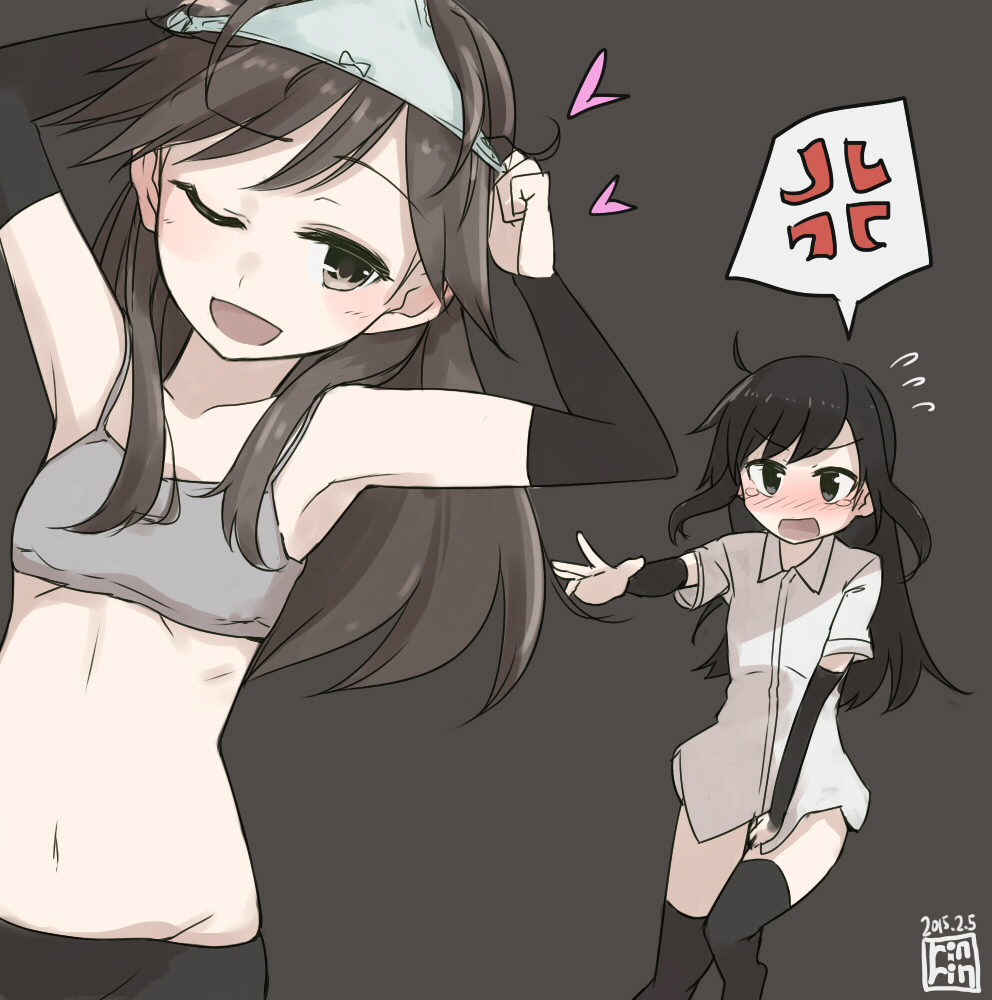 2girls anger_vein arashio_(kantai_collection) arm_warmers asashio_(kantai_collection) bike_shorts black_eyes black_hair black_legwear blue_panties bottomless bra brown_eyes brown_hair clothes_theft collared_shirt covering covering_crotch dated kantai_collection long_hair multiple_girls navel object_on_head one_eye_closed open_mouth panties panties_on_head rinrin_(rinrin_monacoin) shirt simple_background spoken_anger_vein theft thigh-highs underwear underwear_theft