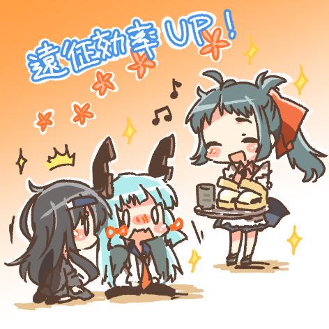 0_0 3girls alternate_costume aqua_hair black_hair blush bow character_request chibi closed_eyes drinking_cup flower food green_hair hair_bow hair_ornament hairclip hatsushimo_(kantai_collection) irako_(kantai_collection) kantai_collection long_hair lowres multiple_girls murakumo_(kantai_collection) open_mouth orange_background pantyhose ponytail rebecca_(keinelove) ribbon smile sparkle translation_request tray