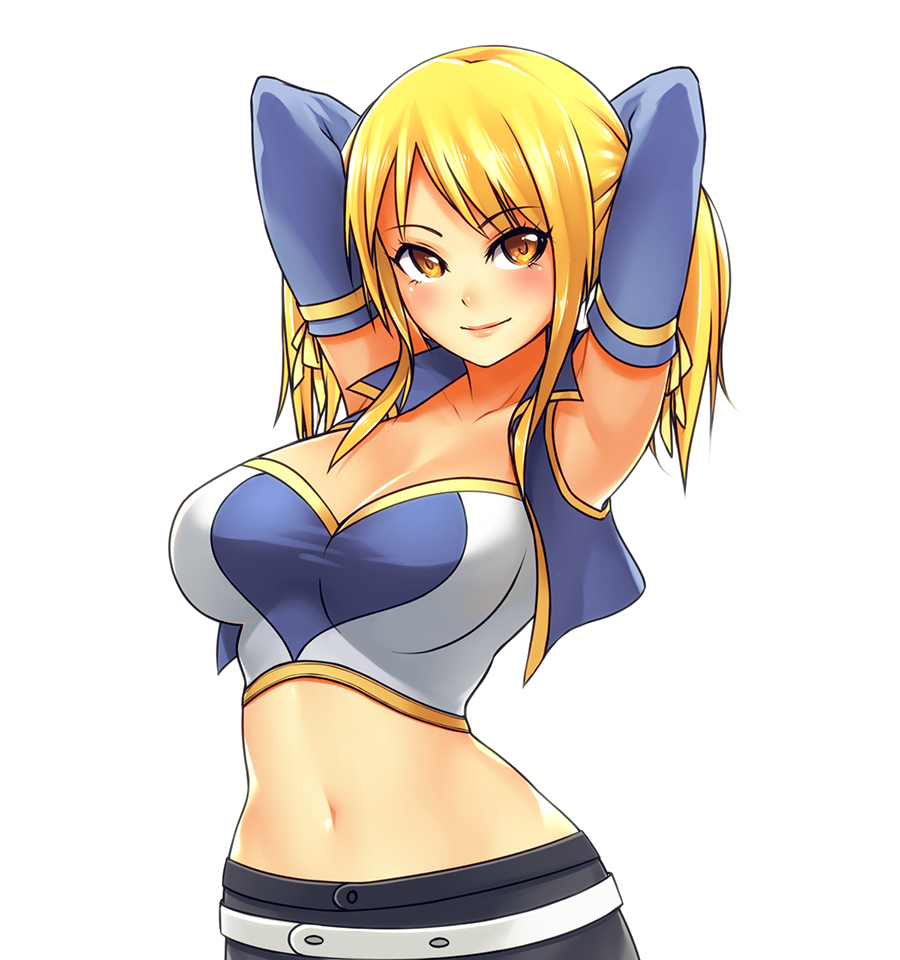 1girl armpits arms_behind_head blonde_hair crop_top detached_sleeves fairy_tail long_hair lucy_heartfilia midriff scaverle_(mao) smile solo vest white_background yellow_eyes