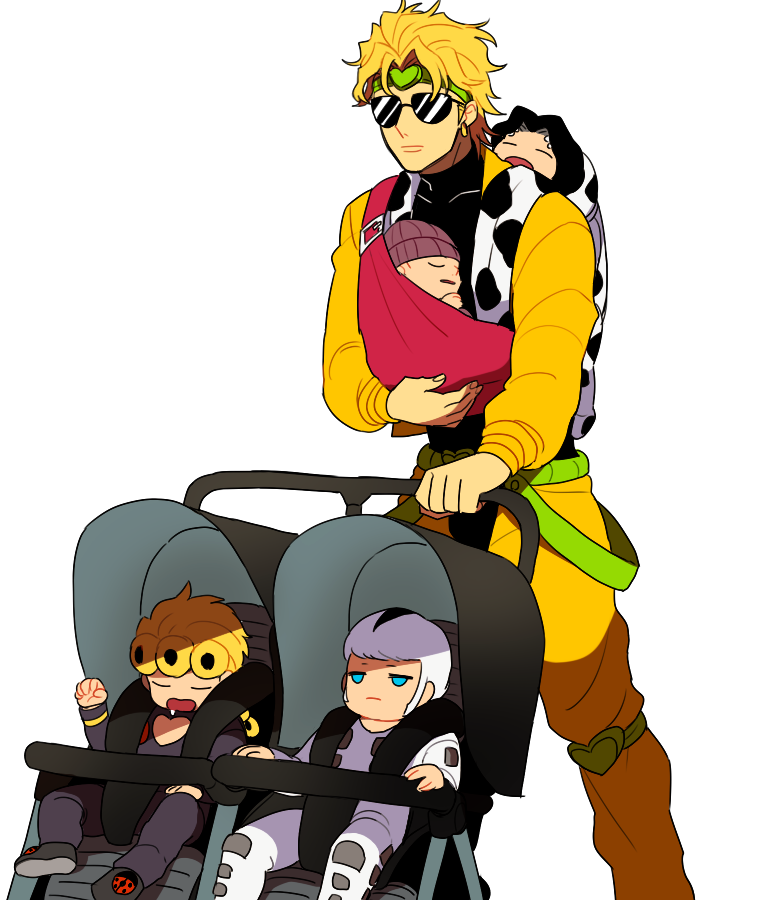 5boys baby baby_carrier beanie black_hair blonde_hair dio_brando donatello_versace drooling family giorno_giovanna hat jojo_no_kimyou_na_bouken li_sakura multicolored_hair multiple_boys rykiel sleeping sling stroller sunglasses two-tone_hair ungaro white_hair younger