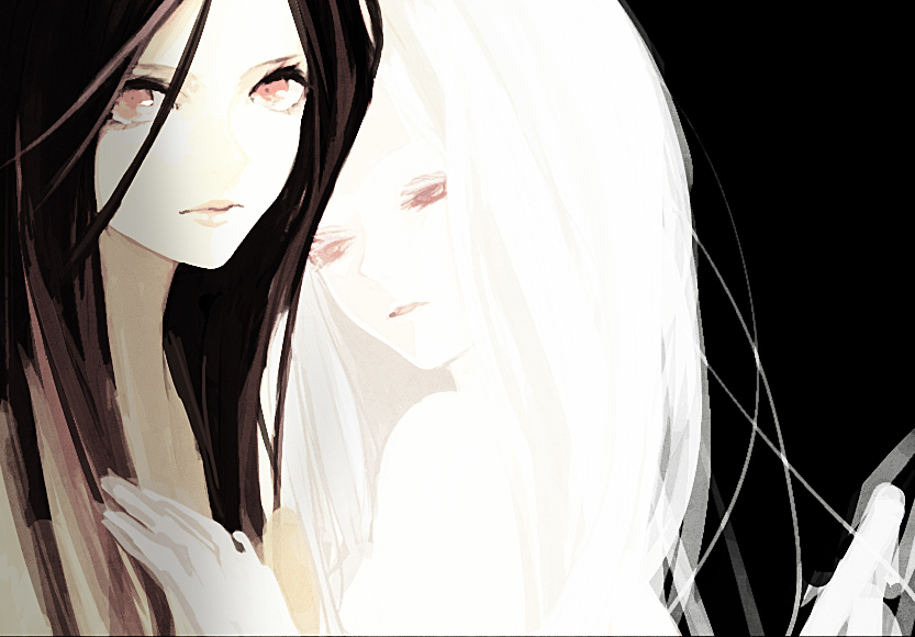2girls black_hair chaos_witch_quelaag dark_souls long_hair multiple_girls nirco pale_skin quelaag's_sister red_eyes siblings sisters souls_(from_software)