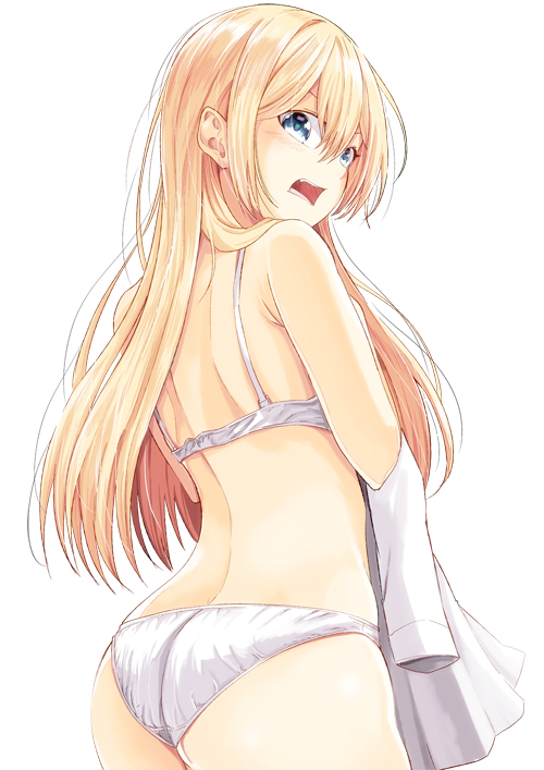 1girl ass attsun_(atsushi_jb) back bangs bare_arms bare_shoulders blonde_hair blue_eyes bra cowboy_shot from_behind hair_between_eyes hair_over_shoulder long_hair looking_at_viewer looking_back open_mouth original panties shirt simple_background solo underwear underwear_only white_background white_bra white_panties white_shirt