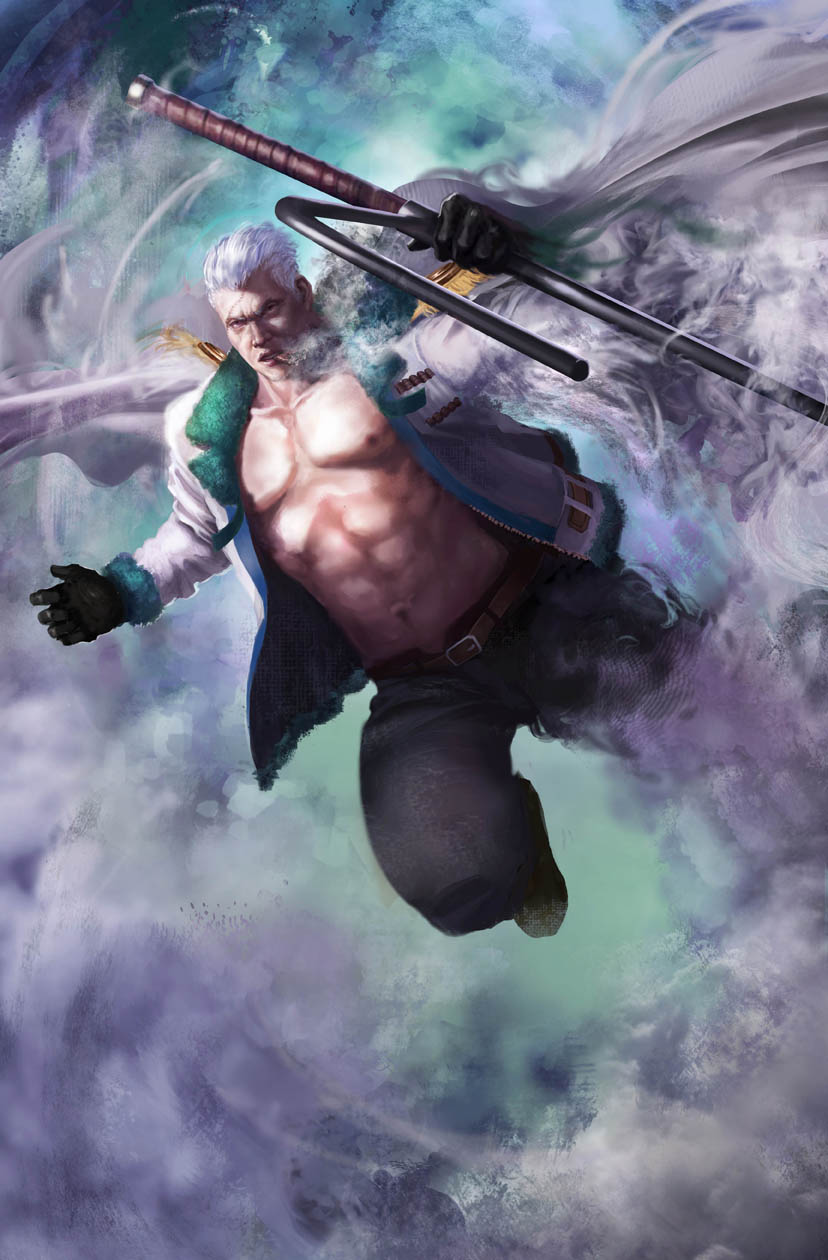 1boy abs cigar epaulettes gloves highres jacket jutte male_focus navel nipples one_piece open_clothes open_jacket scar short_hair smoke smoker_(one_piece) smoking solo white_hair young-street