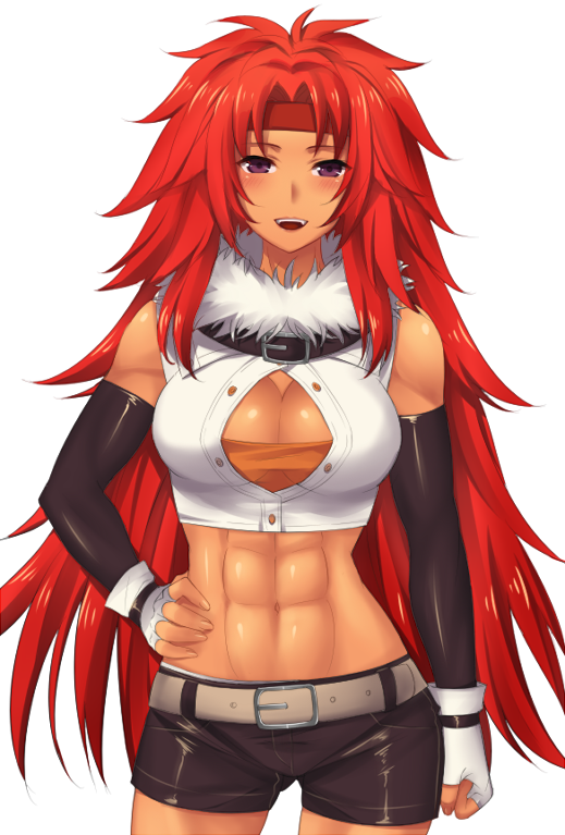 1girl :d belt breasts cleavage clenched_hand detached_sleeves fingerless_gloves gloves hand_on_hip headband large_breasts long_hair midriff mylovelydevil open_mouth queen's_blade redhead risty shorts six_pack smile solo spiky_hair teeth violet_eyes