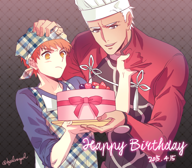 2boys apron archer birthday_cake brown_eyes byulrorqual cake chef_hat collar_grab dark_skin dated emiya_shirou fate/stay_night fate_(series) food happy_birthday hat multiple_boys orange_hair toque_blanche white_hair yellow_eyes